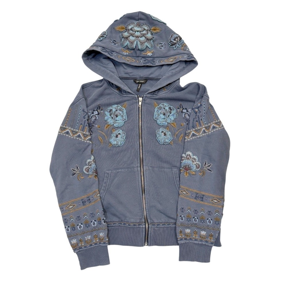 Driftwood Womens L Blue Floral Embroidered Boho Western Full-Zip Cotton Hoodie